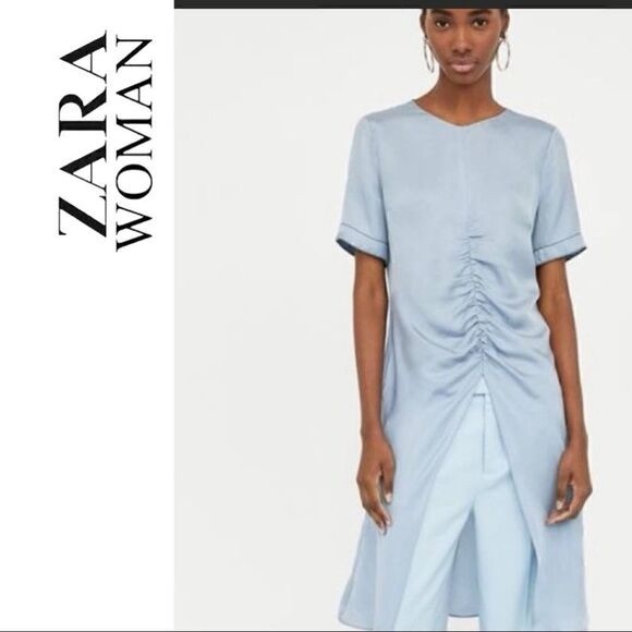 Zara ruched front slit midi long satin  tunic light blue XS - Picture 2 of 10